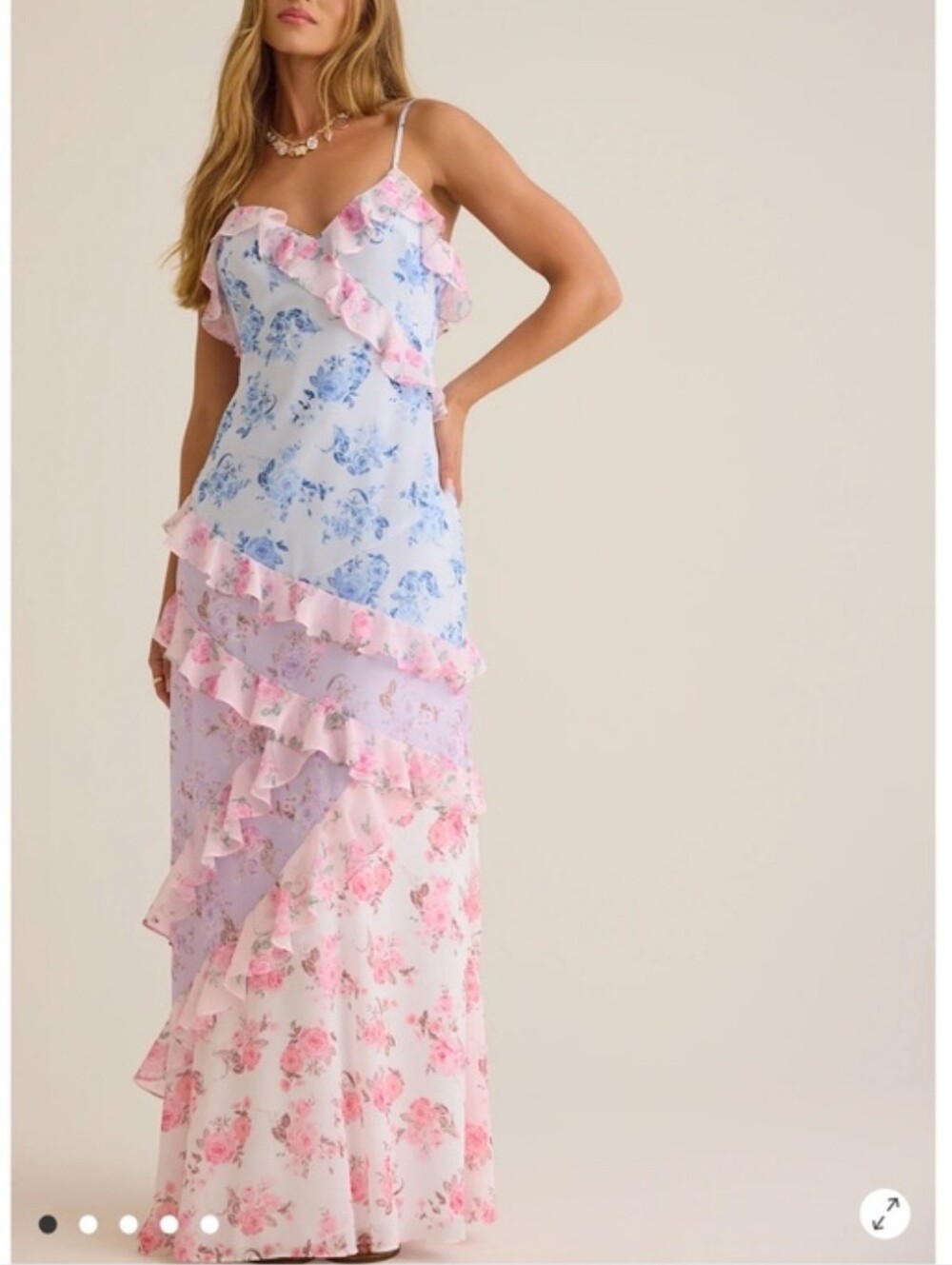 Altar'd State Mirelda Pink & Blue Floral Ruffle Tiered Maxi Dress
